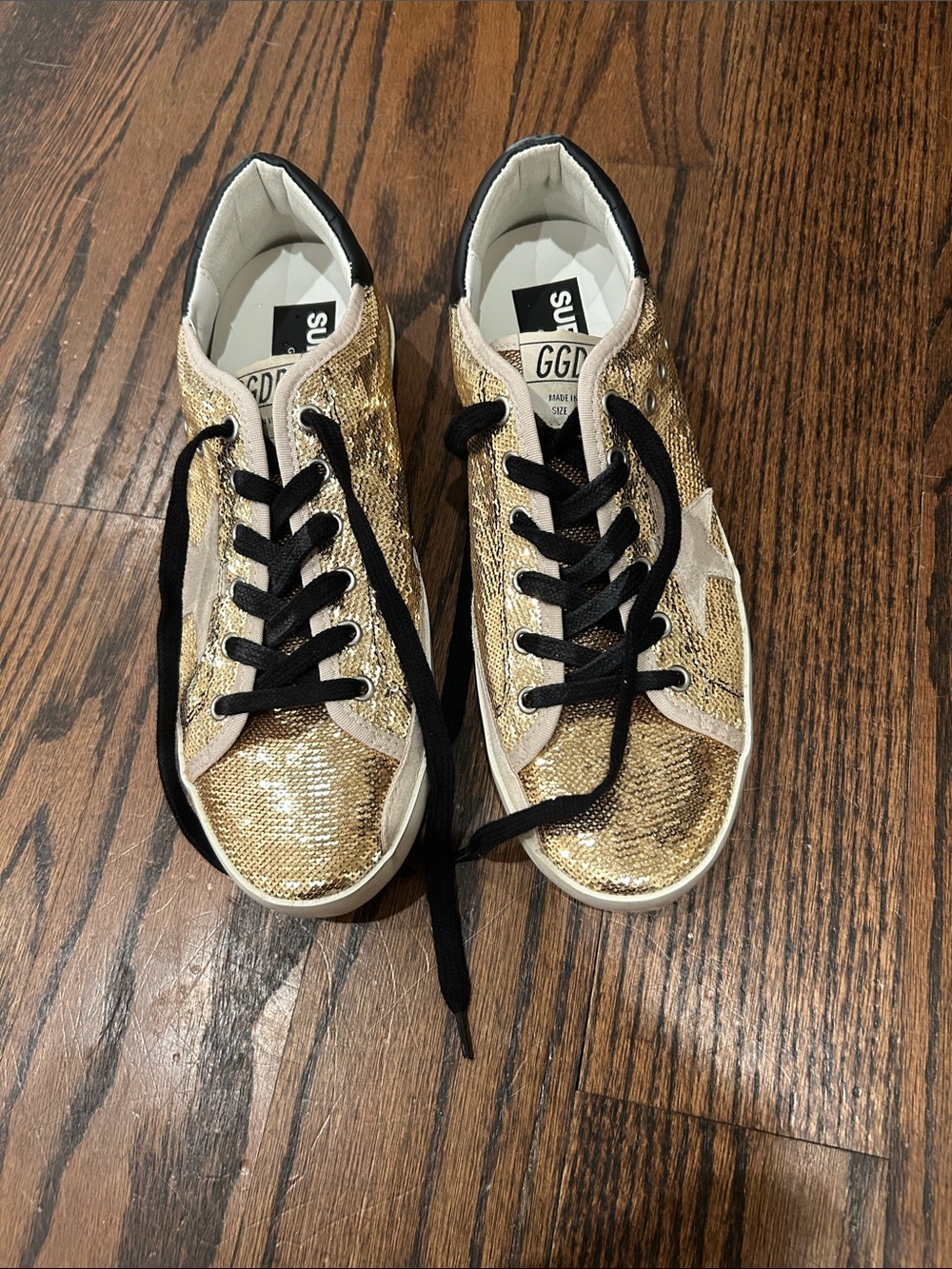 Golden Goose Women's Gold Sequin Sneakers with Black Accents